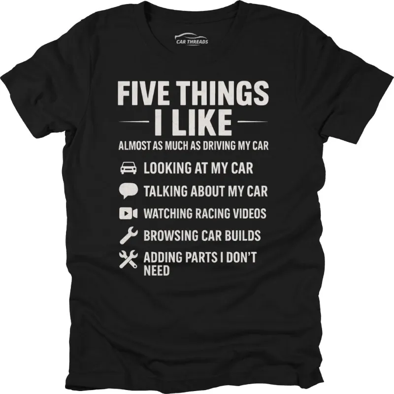 Car Threads Five Things I Like t-shirt with subtle automotive design on a plain background