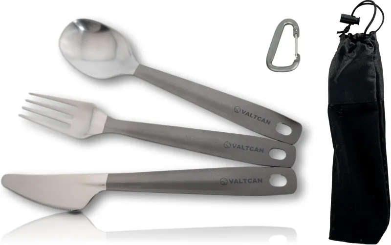 Valtcan 3 Piece Titanium Camping Utensil Set with fork, knife, spoon, pouch and carabiner on white background