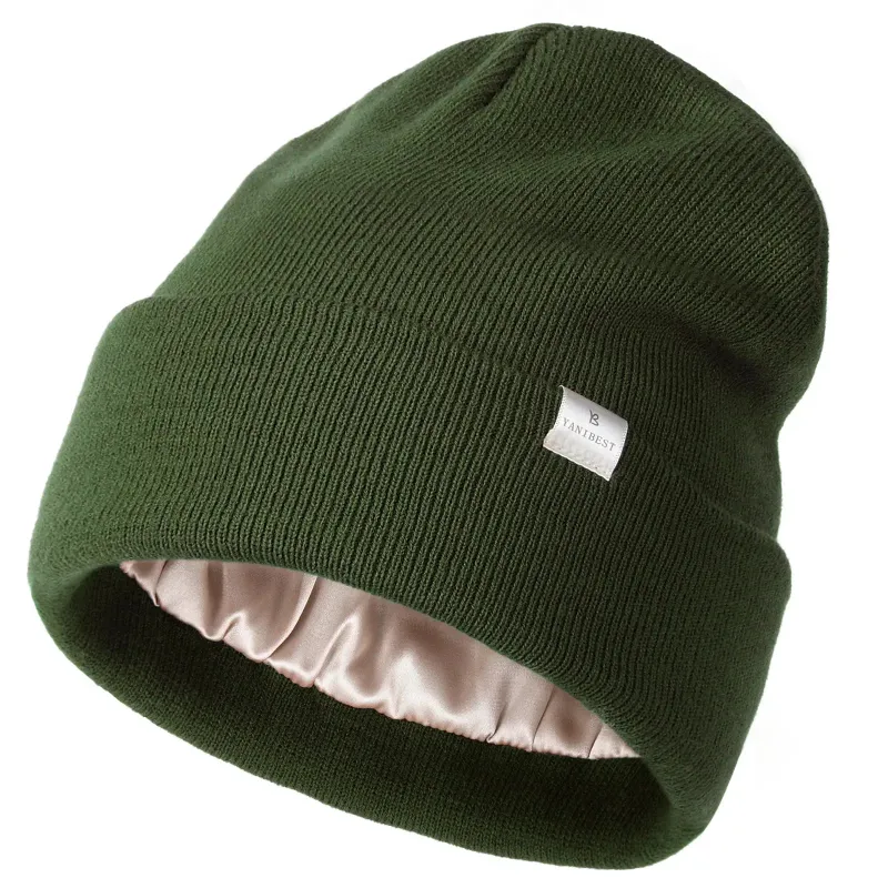 Yanibest Butter Satin Lined Knit Skull Beanie in forest green outdoor style