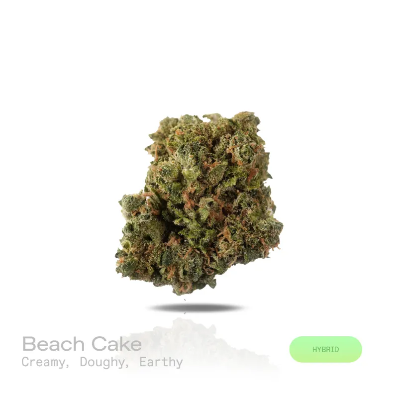 Hipuffy Beach Cake THCa Flower (Indoor) (Hybrid) displaying dense green buds coated in trichomes