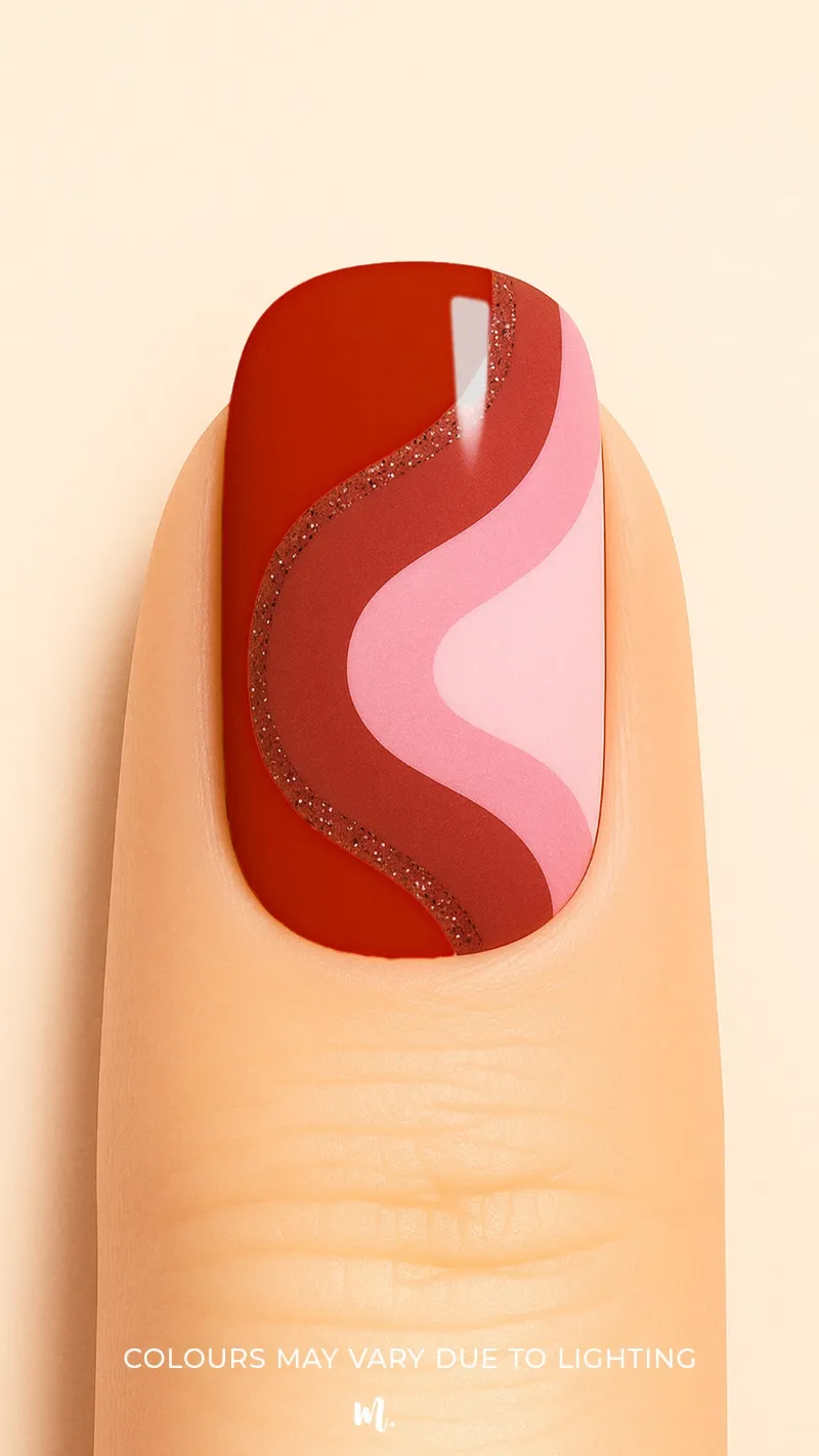 Muselot 'Dried Rose' Nail Stickies, wavy rose and red tones with glitter on fingernails
