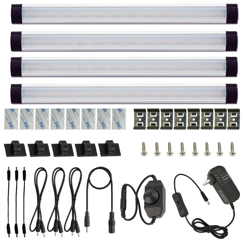 AIBOO 12V Linkable LED Under Cabinet Light Bar with Dimmer and Adapter 4 Lights showing four slim aluminum bars with wiring