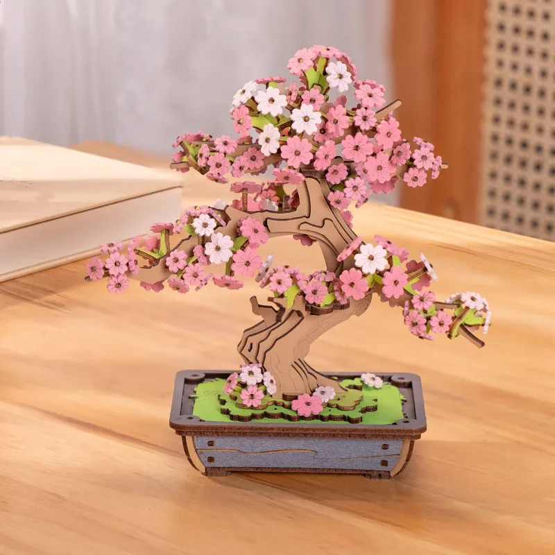 Varvikas 3D Wooden Mechanical Puzzle Kit, Sakura Bonsai (TG415e) showing intricate wooden cherry blossom tree