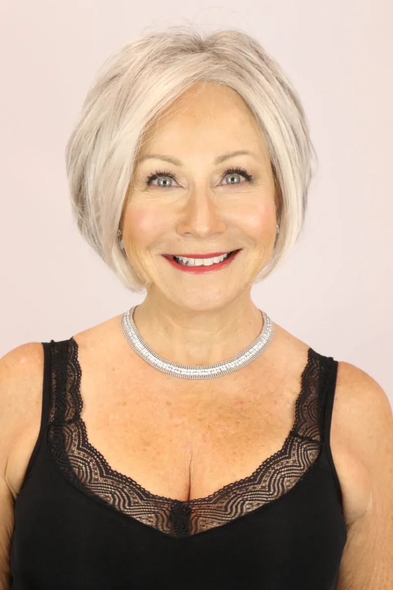 Godiva's Secret Wigs Abigail LF medium wig in Silver Mink showing lace front hairline and layered style