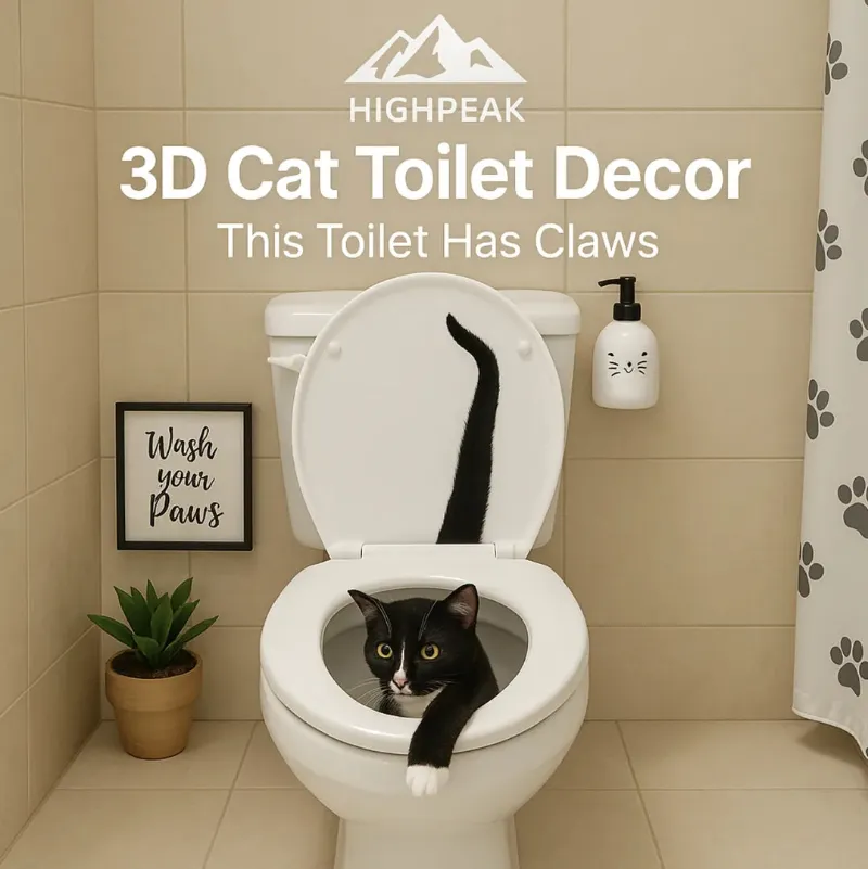 HighPeak 3D Cat Toilet Decor, a self-adhesive decal showing a cat crawling out of a toilet bowl