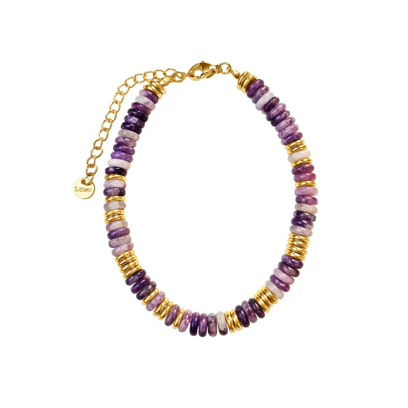 DORSYA Mykonos Amethyst & Jade Beaded Bracelet showing purple and green natural gemstone beads with gold hardware