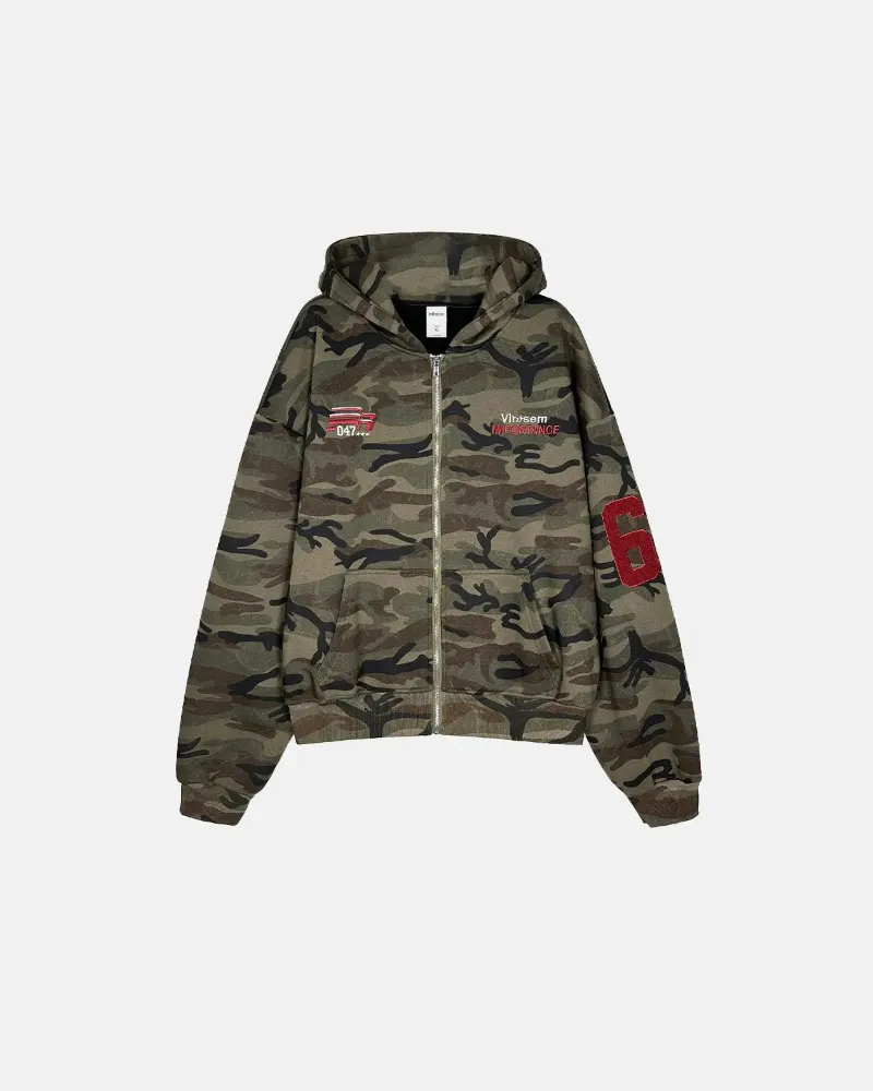 INFLATION 69 Applique Embroidery Camo Zip Up Hoodie in camouflage print with embroidered details