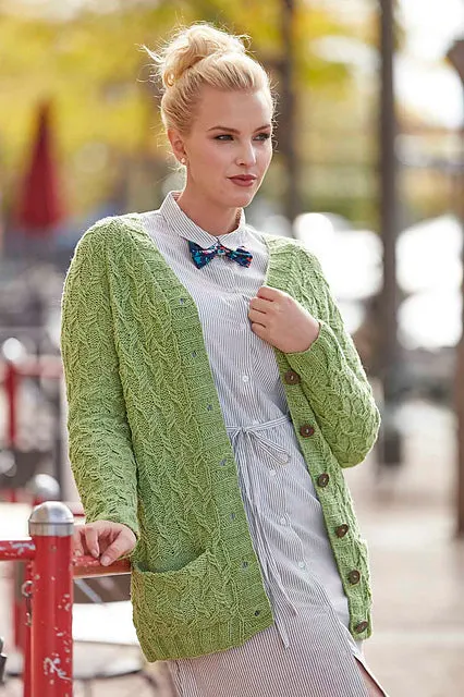 Kristen TenDyke Vinyasa Cardigan knitting pattern in soft green with cables