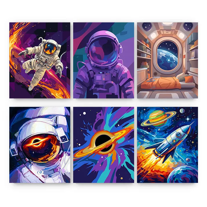 Maikoo Art 6 Mini PBN Neon Cosmic Odyssey paint by number set showing six small framed canvases with cosmic designs