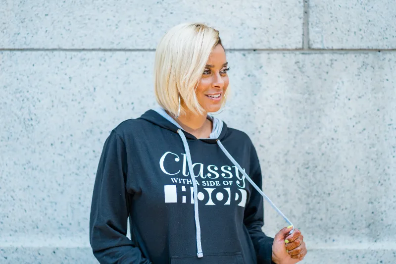 Embellished Classy With a Side of Hood Hoodie in black with grey hood and drawstrings