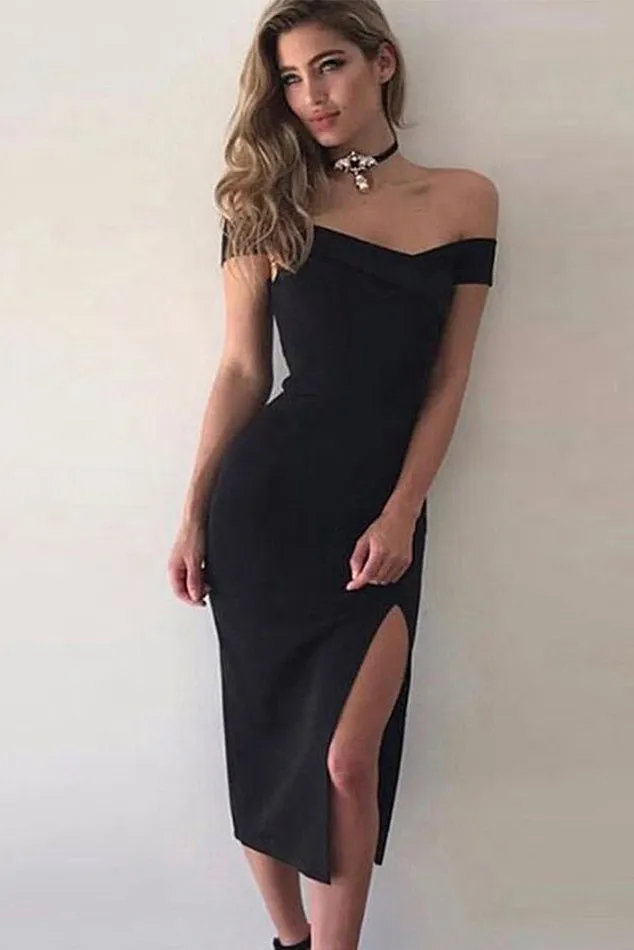 Mislish Black Off-the-shoulder Slit Tight-fitting Bandage Prom Dress with leg slit