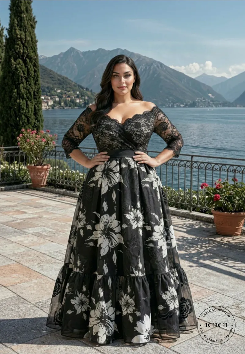 IGIGI Giustina Black and White Gown showing off-shoulder neckline and ball gown skirt