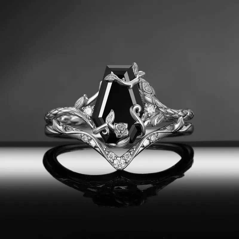 Starlandus Serpent's Bloom gothic coffin cut black moissanite snake ring set with rose detailing