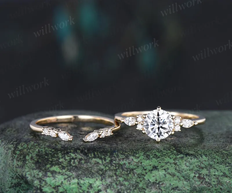 WillWork Jewelry 1ct round moissanite engagement ring 14k gold with band