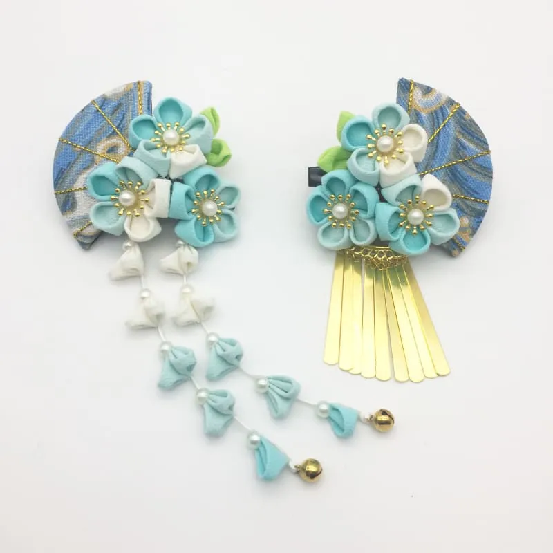 Foxtume Handmade Tsumami Kanzashi Hair Clip 2 Piece Set Blue Wave x Hand Fan featuring blue wave and fan ornaments on alligator clips