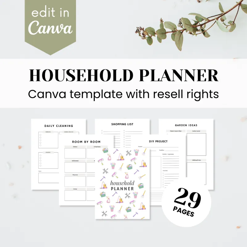 Purpose PLR Household Planner Template showing page layout in Canva format