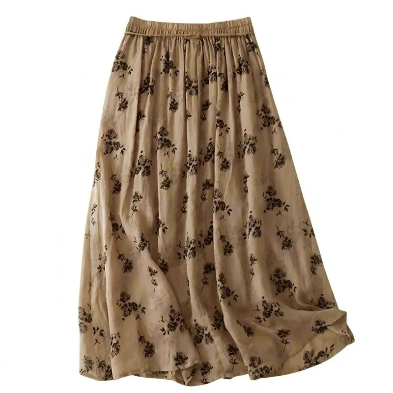 Cottagecore Clothes Cottagecore Faded Rose Midi Skirt with dark botanical rose print on sand-toned base