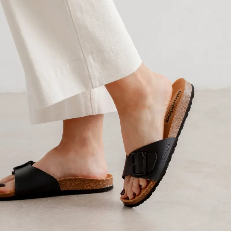 BIANKINA Cordoba Vegan Leather Slide Cork Sandal in Black, single buckle slide with cork footbed