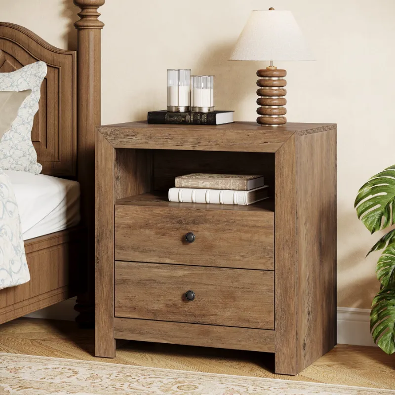 23.6" Nightstand, Rustic Bedside Table with 2 Storage Drawers