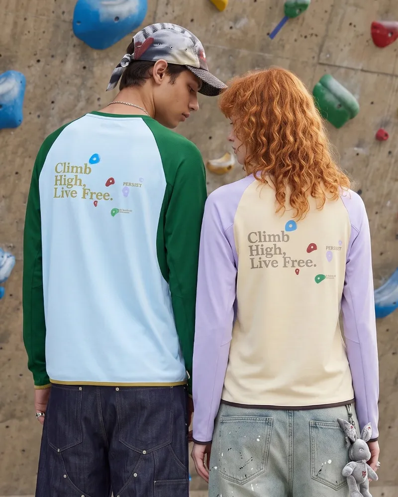 INFLATION Climbing Graphic Raglan Sleeve T-Shirt with color-blocked panels and contrasting sleeves