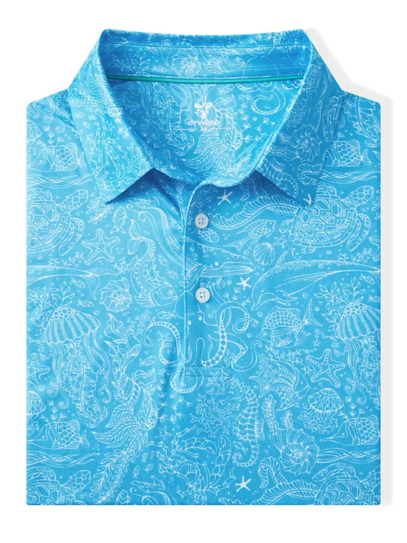 DTWOOO Men's Print Performance Polo in Blue Sea colorway with breathable technical fabric