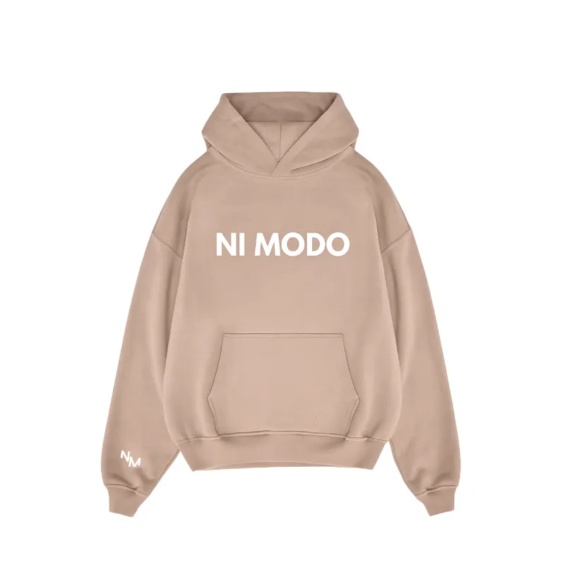 Nimodo Ni Modo Hoodie in latte beige with front and back graphics