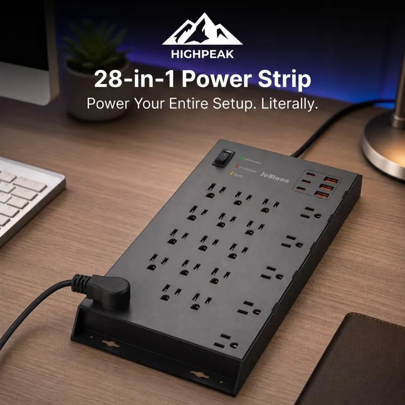 HighPeak 28-in-1 Power Strip with many outlets and USB ports mounted near a desk