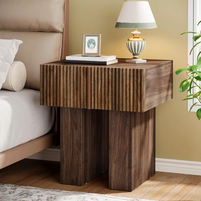 Tribesigns 19.6 inch fluted nightstand with wooden drawer and textured finish