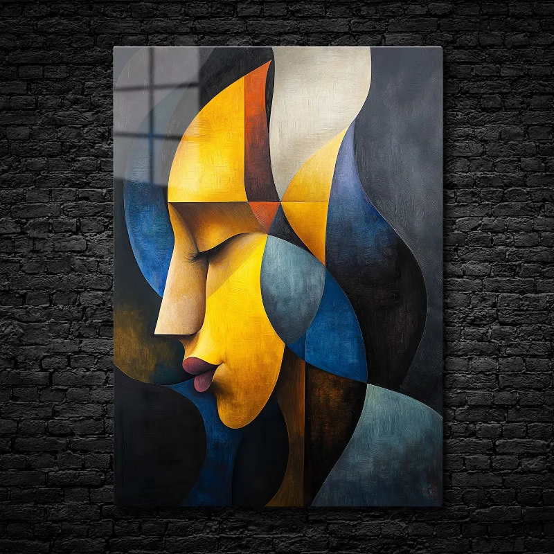 CruArt Reflections of Serenity Metal Print showing abstract female profile with geometric shapes and warm tones