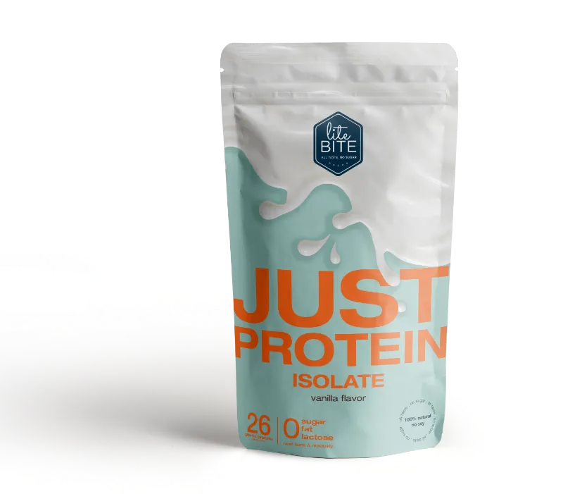 LiteBite Egypt Just Protein Isolate Vanilla container with nutrition facts and vanilla flavor whey protein powder