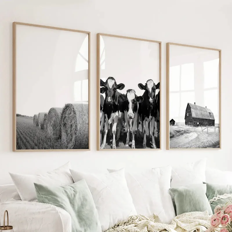 Wall Art Set Black White Harvest on a Farm Wall Art. Cow, Hay Bale, Barn - three black and white rustic farm photos