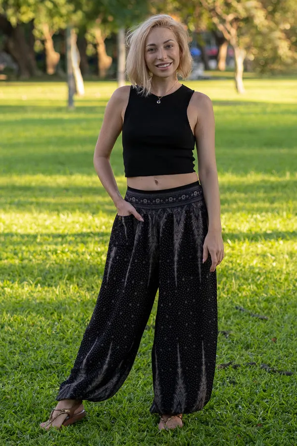 Hippie Pants Black Feather Pants, patterned fabric with peacock feather design
