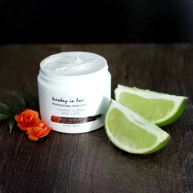 Tuesday in Love Ylang Ylang and Lime Face Scrub jar with kaolin clay and apricot exfoliant