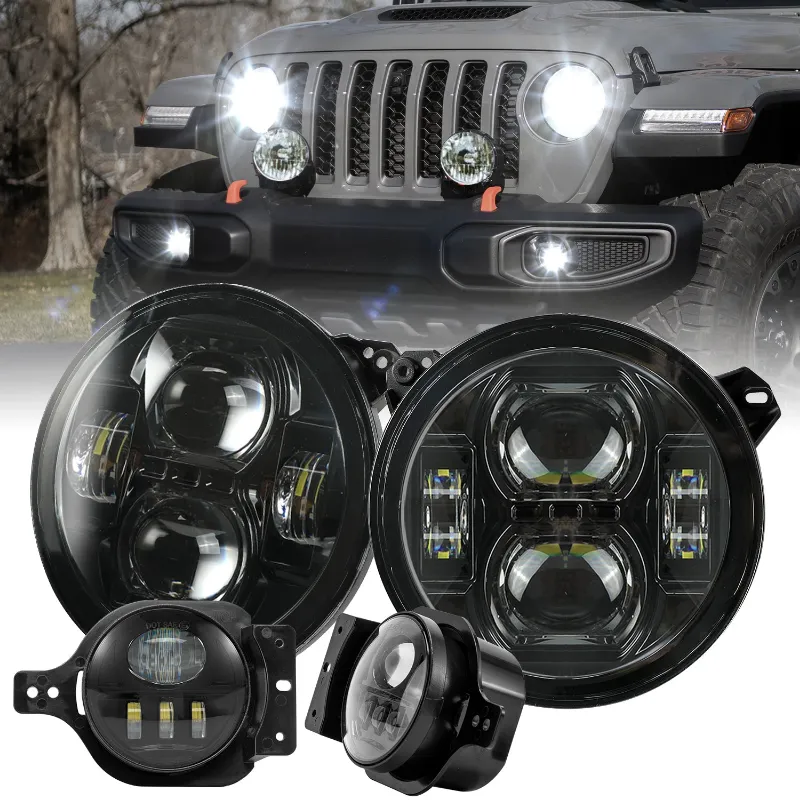 Sunpie 9-inch Black High/Low Beam LED Headlights and 4-inch 5D LED Fog Lights Combo Kit for Jeep Wrangler JL