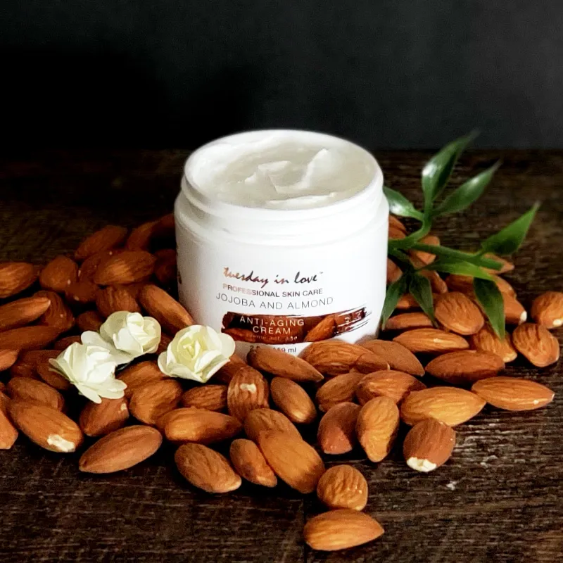 Tuesday in Love Jojoba & Almond Anti Aging Cream jar with moisturizing formula