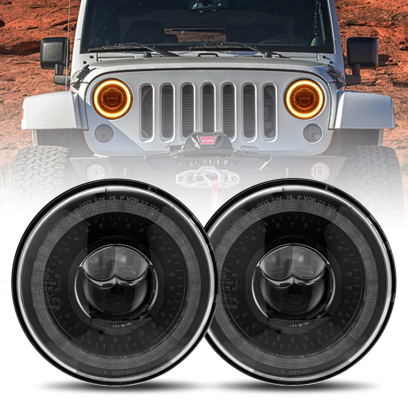 Sunpie 7-Inch 3D Lens LED Headlights showing projector optics with integrated DRL and amber turn signal for Jeep Wrangler CJ TJ LJ JK JKU