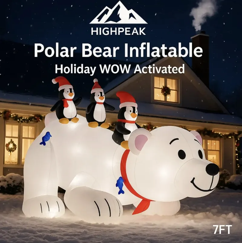 HighPeak 7FT Polar Bear Inflatable, a glowing polar bear with penguins on its back in a snowy yard