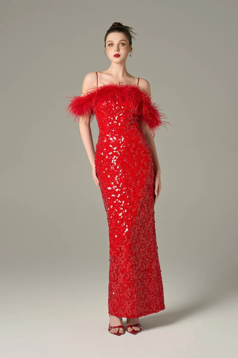 Kalisa Glitzy Sequin Feathered Cold Shoulder Maxi Dress on model