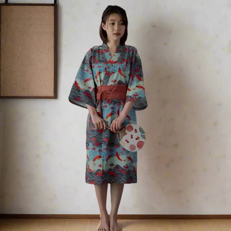 Foxtume Koi & Sea Women Casual Yukata cotton yukata with carp and wave print