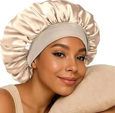 Yanibest Silk Butter Satin Bonnet in champagne beige with wide double layer band