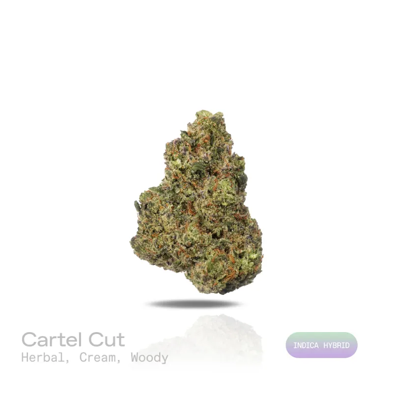 Hipuffy Cartel Cut THCa Flower (Indoor) (Indica Hybrid) dense green cannabis buds with orange pistils