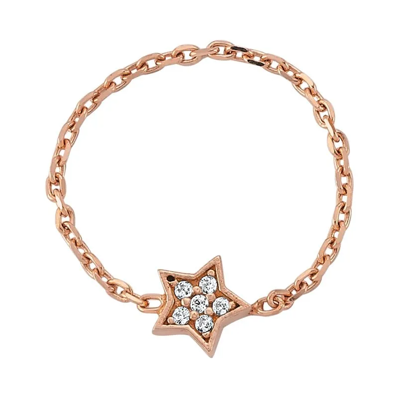 Amorium Jewelry Dainty Star Chain Silver Ring with Crystals, showing star charm dangling from delicate chain band