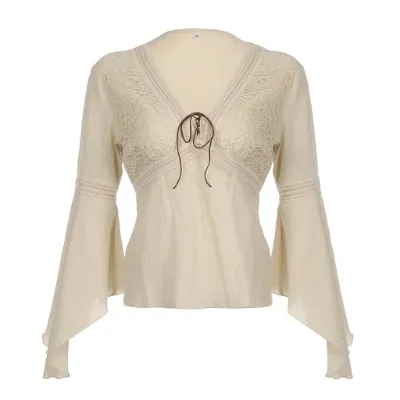 Cottagecore Clothes Cottagecore Bell Sleeve Top in cream with lace bodice and wide bell sleeves