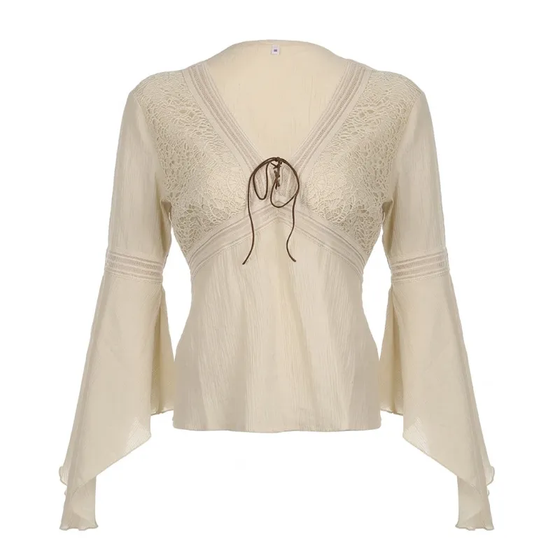 Cottagecore Clothes Cottagecore Bell Sleeve Top in cream with lace bodice and wide bell sleeves