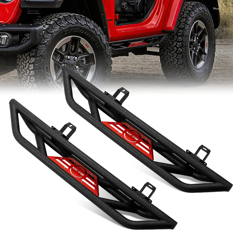 Sunpie black stainless steel side step bars installed on Jeep Wrangler JL 2-door