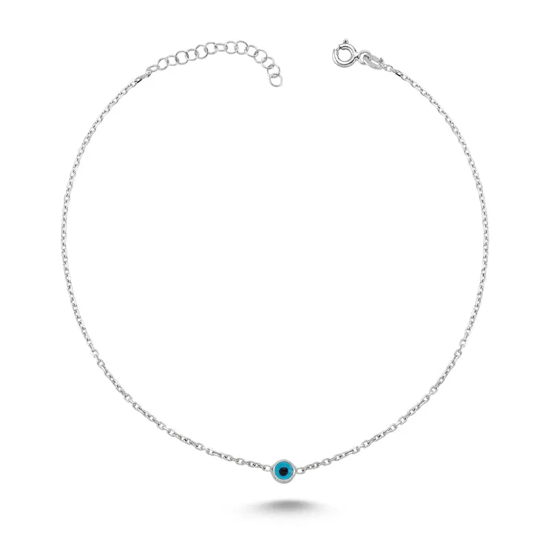 Amorium Jewelry Mini Evil Eye Chain & Charm Silver Anklet, teal evil eye charm on delicate silver chain