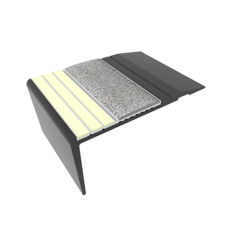 ComposiGrip Ecoglo F4261 Photoluminescent 2.7 Inch Black Anodized Flat Stair Nosing with Gray Insert on egress stairway