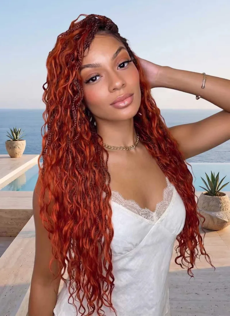 Jaliza ginger color boho box braided wig with wavy curls and pre-bleached HD lace base