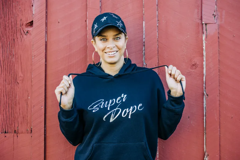 Embellished Super Dope Hoodie, black sponge fleece pullover with metallic silver foil imprint