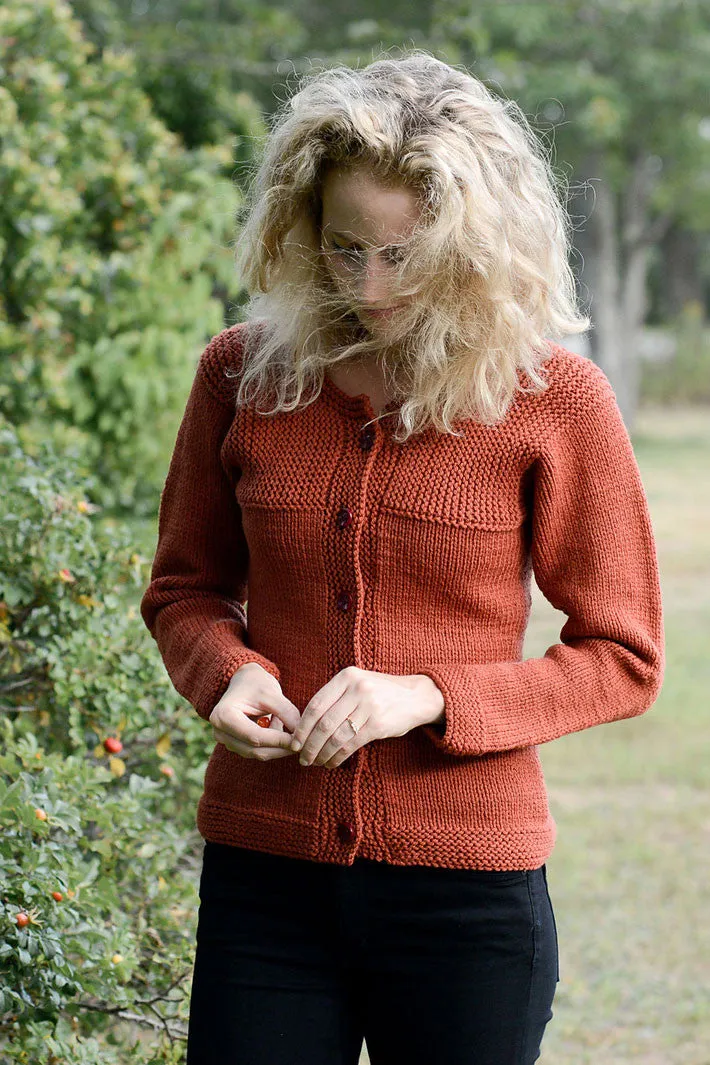 Kristen TenDyke Kurama cardigan in sedum showing sideways construction and drop sleeve detail